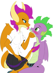 Size: 512x708 | Tagged: safe, artist:techgear, derpibooru import, smolder, spike, anthro, dragon, blushing, clothes, compression shorts, dragoness, eye contact, feeding, female, gem, gem in mouth, imminent kissing, looking at each other, male, miniskirt, no escape, older, older smolder, older spike, on top, pleated skirt, shipping, shorts, simple background, skirt, spolder, spread wings, straight, tail, wings