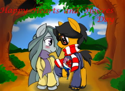 Size: 800x587 | Tagged: safe, artist:a.s.e, derpibooru import, marble pie, oc, oc:a.s.e, blushing, canon x oc, clothes, couple, female, flower, heart, heart pony, hearts and hooves day, holiday, male, scarf, shipping, smiling, special somepony, tree, valentine's day