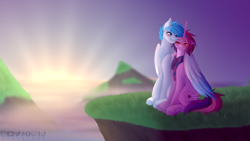 Size: 3840x2160 | Tagged: safe, artist:sparkie45, derpibooru import, oc, oc only, oc:jona, oc:sparkie, pegasus, pony, clothes, female, hug, male, mare, scarf, stallion, sunrise, winghug, wings