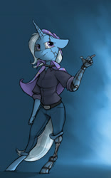 Size: 1024x1637 | Tagged: safe, artist:sinrar, derpibooru import, trixie, anthro, unguligrade anthro, amputee, beanie, cape, clothes, cyberpunk, hat, jeans, pants, prosthetic arm, prosthetic leg, prosthetic limb, prosthetics, scar, shirt, simple background, trixie's cape