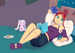 Size: 1024x724 | Tagged: safe, artist:pettypop, derpibooru import, sunset shimmer, equestria girls, bed, book, cellphone, clothes, food, hair bun, hairy legs, phone, pillow, pizza, plushie, scrunchie, shirt, shorts, shoulderless, slippers, solo, sunset's apartment