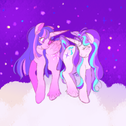 Size: 2048x2048 | Tagged: safe, artist:sweetsuds, derpibooru import, starlight glimmer, twilight sparkle, twilight sparkle (alicorn), alicorn, pony, unicorn, female, lesbian, shipping, smiling, twistarlight