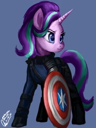 Size: 1536x2048 | Tagged: safe, artist:raphaeldavid, derpibooru import, starlight glimmer, pony, unicorn, armor, captain america, clothes, marvel, shield, solo, winter soldier