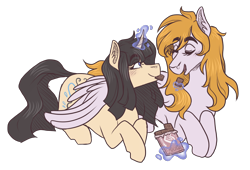 Size: 2800x1900 | Tagged: safe, artist:kikirdcz, derpibooru import, oc, oc:cookie byte, oc:tiz honolulu, pegasus, pony, unicorn, book, chocolate, female, food, lying down, magic, mare, prone, simple background, transparent background