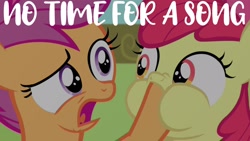 Size: 1920x1080 | Tagged: safe, derpibooru import, edit, edited screencap, editor:quoterific, screencap, apple bloom, scootaloo, earth pony, pegasus, pony, somepony to watch over me, bow, duo, duo female, female, hoof over mouth, no time for a song, open mouth
