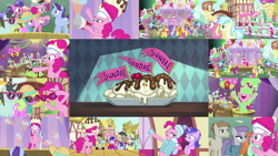 Size: 1972x1111 | Tagged: safe, derpibooru import, edit, edited screencap, editor:quoterific, screencap, berry blend, berry bliss, berry punch, berryshine, carrot cake, carrot top, cheerilee, cherry berry, comet tail, cranky doodle donkey, cultivar, cup cake, daisy, flower wishes, golden harvest, lily, lily valley, matilda, maud pie, minty, mudbriar, neon lights, november rain, peppermint goldylinks, pinkie pie, plumberry, pokey pierce, rising star, roseluck, sea swirl, seafoam, sunshower raindrops, warm front, earth pony, pony, sundae sundae sundae, spoiler:interseason shorts, autumn fields, bipedal, blooming harvest, clothes, duo, duo female, eyes closed, female, friendship student, hat, male, one eye closed, open mouth, party cannon, scoopy, solo, sunglasses, sweat, teeth, trio, trio female, wink, winter hat, winter outfit