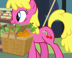 Size: 1640x1315 | Tagged: safe, derpibooru import, screencap, cherry berry, earth pony, pony, she talks to angel, background pony, basket, carrot, cropped, female, food, mare, mouth hold, solo, walking