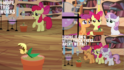 Size: 2000x1125 | Tagged: safe, derpibooru import, edit, edited screencap, editor:quoterific, screencap, apple bloom, scootaloo, sweetie belle, earth pony, pegasus, pony, unicorn, twilight time, bow, cutie mark crusaders, eyes closed, female, golden oaks library, open mouth, plant, solo, teeth, trio, trio female