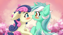 Size: 3550x2000 | Tagged: safe, artist:symbianl, derpibooru import, bon bon, lyra heartstrings, sweetie drops, earth pony, pony, unicorn, blushing, chest fluff, ears, eye contact, female, floppy ears, lesbian, looking at each other, lyrabon, mare, noseboop, nuzzling, remake, shipping, smiling