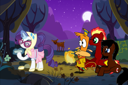 Size: 931x619 | Tagged: safe, artist:usa92, derpibooru import, rarity, oc, oc:doctor bristle, oc:lovely mane, deer, earth pony, monkey, pony, unicorn, camp lazlo, campfire, crossover, lazlo, moon, nail file, tent, tree