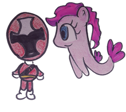 Size: 529x472 | Tagged: safe, artist:dex stewart, derpibooru import, pinkie pie, earth pony, human, pony, seapony (g4), brody, power rangers, power rangers ninja steel, red ranger, seaponified, seapony pinkie pie, shuriken sentai ninninger, simple background, species swap, strong bad, strongbad, traditional art