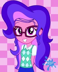 Size: 850x1050 | Tagged: safe, artist:rjp.rammy, derpibooru import, oc, oc:magenta blush, equestria girls, clothes, glasses, shirt, solo, sweater vest