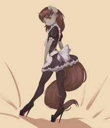 Size: 1032x1200 | Tagged: safe, artist:qweeli, derpibooru import, oc, oc only, oc:silver bubbles, anthro, plantigrade anthro, unicorn, anthro oc, apron, bow, clothes, femboy, high heels, looking at you, looking to side, maid, male, platform heels, shoes, socks, stallion, stiletto heels, thigh highs, zettai ryouiki