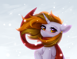 Size: 2600x2000 | Tagged: safe, artist:avrameow, derpibooru import, oc, oc only, oc:aurora shinespark, pony, unicorn, blushing, clothes, commission, ear piercing, earring, jewelry, looking at you, piercing, scarf, snow, snowfall, solo, ych result