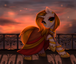 Size: 2600x2200 | Tagged: safe, artist:avrameow, derpibooru import, oc, oc only, oc:aurora shinespark, pony, unicorn, city, cityscape, clasp, clothes, dress, ear piercing, earring, female, jewelry, leg rings, looking at you, mare, piercing, shoes, sunset