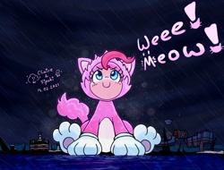 Size: 1375x1045 | Tagged: safe, artist:fipoki, derpibooru import, pinkie pie, cat, cat pony, earth pony, original species, bowser's fury, digital art, full background, full body, giga pinkie cat, meow, pinkie cat, rain, storm, super mario 3d world, super mario bros.