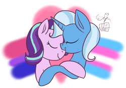 Size: 1452x1022 | Tagged: safe, artist:erenerakhard, derpibooru import, starlight glimmer, trixie, pony, unicorn, bisexual pride flag, digital art, female, hug, lesbian, nuzzling, pride, pride flag, shipping, startrix, trans trixie, transgender, transgender pride flag