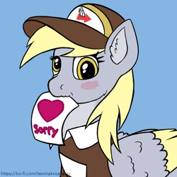 Size: 1000x1000 | Tagged: safe, artist:redquoz, derpibooru import, derpy hooves, pegasus, pony, alternate design, baseball cap, blue background, blushing, cap, clothes, derp, ear fluff, ears, female, hat, heart, hearts and hooves day, holiday, looking at you, mailmare, mare, mouth hold, nom, shirt, simple background, solo, text, two toned wings, uniform, url, valentine's day, wings, yellow mane