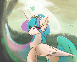 Size: 4523x3650 | Tagged: safe, artist:therealf1rebird, derpibooru import, princess celestia, alicorn, butterfly, pony, chest fluff, eye clipping through hair, female, flower, flower in hair, forest, horn, looking back, mare, raised hoof, raised leg, solo, wings