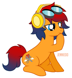 Size: 1109x1200 | Tagged: safe, artist:jennieoo, derpibooru import, oc, oc:electric swing, earth pony, pony, goggles, headphones, simple background, sitting, solo, thinking, transparent background, vector