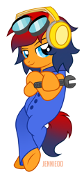Size: 580x1200 | Tagged: safe, artist:jennieoo, derpibooru import, oc, oc:electric swing, earth pony, pony, clothes, crossed arms, crossed hooves, goggles, headphones, overalls, simple background, solo, standing, transparent background, vector, wrench