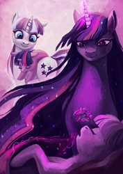 Size: 1800x2546 | Tagged: safe, artist:escdev, artist:weird--fish, derpibooru import, princess twilight 2.0, twilight sparkle, twilight sparkle (alicorn), twilight velvet, alicorn, pony, unicorn, collaboration, the last problem, feels, female, filly, filly twilight sparkle, glasses, magic, mother and child, mother and daughter, older, older twilight, parent and child, rest in peace, telekinesis, younger