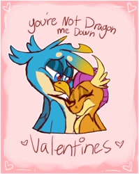 Size: 932x1172 | Tagged: safe, artist:burnin_dove, derpibooru import, gallus, smolder, dragon, griffon, cuddling, dragoness, female, holiday, male, shipping, smiling, smollus, straight, valentine, valentine's day