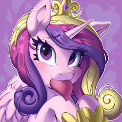 Size: 3000x3000 | Tagged: safe, artist:porcelanowyokular, derpibooru import, princess cadance, alicorn, pony, abstract background, blushing, bust, crown, cute, cutedance, female, heart, high res, holiday, jewelry, looking at you, mare, mouth hold, regalia, smiling, solo, valentine's day