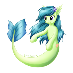 Size: 1500x1500 | Tagged: safe, artist:kotezio, derpibooru import, oc, oc only, hybrid, merpony, colored pupils, female, fish tail, flowing mane, flowing tail, green mane, purple eyes, seashell, shell, simple background, smiling, solo, starfish, tail, transparent background