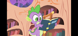 Size: 1792x828 | Tagged: safe, derpibooru import, screencap, spike, dragon, owl's well that ends well, book, golden oaks library, solo