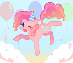 Size: 1155x1000 | Tagged: safe, artist:yukiha_321, derpibooru import, pinkie pie, earth pony, pony, balloon, colored pupils, confetti, cute, diapinkes, female, hat, looking at you, mare, one eye closed, open mouth, party hat, pixiv, solo, wink