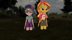 Size: 1280x720 | Tagged: safe, artist:pyrotech4, derpibooru import, sci-twi, sunset shimmer, twilight sparkle, equestria girls, legend of everfree, 3d, camp everfree logo, camp everfree outfits, gmod, mud, quicksand, sinking, smiling, swamp