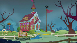 Size: 1280x720 | Tagged: safe, derpibooru import, screencap, hearts and hooves day (episode), background, no pony, ponyville, ponyville schoolhouse, scenic ponyville, tree