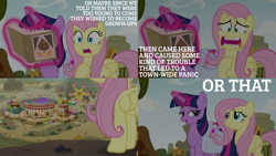 Size: 1986x1117 | Tagged: safe, derpibooru import, edit, edited screencap, editor:quoterific, screencap, coco crusoe, fire flicker, fluttershy, linky, marmalade jalapeno popette, shoeshine, summer breeze, twilight sparkle, twilight sparkle (alicorn), alicorn, pegasus, pony, growing up is hard to do, apple family member, bag, book, duo, duo female, female, flower, friendship student, glowing horn, hoof on chest, horn, magic, magic aura, open mouth, panicking, saddle bag, solo, wishing flower