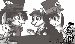 Size: 1280x750 | Tagged: safe, artist:amgiwolf, derpibooru import, angel bunny, oc, oc:amgi, pony, rabbit, alice in wonderland, animal, bowtie, bust, card, clothes, eyelashes, female, grin, hat, limited palette, mad hatter, male, mare, ponified, smiling, stallion, top hat, underhoof