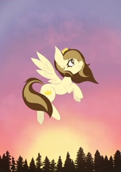 Size: 1448x2048 | Tagged: safe, artist:manta, derpibooru import, oc, oc:prince whateverer, pegasus, pony, crown, flying, jewelry, looking up, regalia, spread wings, sunset, tree, wings