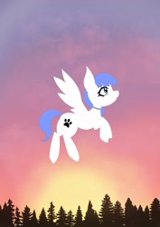 Size: 1448x2048 | Tagged: safe, artist:manta, derpibooru import, oc, oc:snow pup, pegasus, pony, collar, eyelashes, female, flying, looking up, mare, paw prints, pegasus oc, smiling, spread wings, sunset, tree, wings