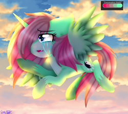 Size: 1150x1024 | Tagged: safe, artist:juliet-gwolf18, derpibooru import, oc, oc only, oc:juliet, alicorn, pony, alicorn oc, cloud, crying, eyelashes, female, flying, hoof shoes, horn, mare, open mouth, outdoors, sad, signature, solo, wings