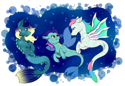 Size: 1120x773 | Tagged: safe, artist:katarikat, derpibooru import, oc, oc only, hybrid, merpony, seapony (g4), blue background, bubble, digital art, dorsal fin, family, fin wings, fins, fish tail, flowing mane, flowing tail, golden eyes, looking at each other, ocean, simple background, smiling, tail, teeth, transparent background, underwater, water, wings