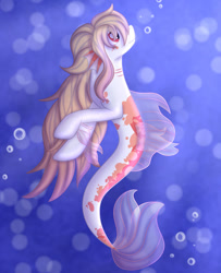 Size: 1024x1261 | Tagged: safe, artist:fallsplash, derpibooru import, oc, oc only, hybrid, merpony, seapony (g4), bubble, clothes, crepuscular rays, digital art, dorsal fin, fins, fish tail, flowing mane, flowing tail, long mane, looking up, ocean, red eyes, see-through, smiling, solo, sunlight, swimming, tail, underwater, water