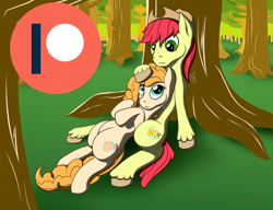 Size: 650x500 | Tagged: safe, artist:tunrae, derpibooru import, bright mac, pear butter, earth pony, pony, advertisement, applejack's hat, applejack's parents, clothes, couple, cowboy hat, cutie mark, freckles, hat, looking at each other, patreon, patreon logo, patreon preview, tree, unshorn fetlocks