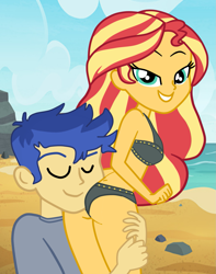 Size: 1281x1624 | Tagged: safe, alternate version, artist:gmaplay, derpibooru import, edit, flash sentry, sunset shimmer, equestria girls, beach, butt, female, flashimmer, male, shipping, straight