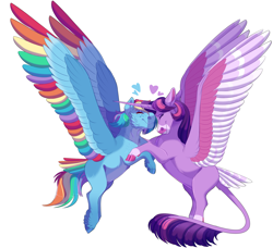 Size: 2300x2100 | Tagged: safe, artist:uunicornicc, derpibooru import, rainbow dash, twilight sparkle, twilight sparkle (alicorn), alicorn, pegasus, pony, cloven hooves, colored wings, eyes closed, feathered fetlocks, female, heart, hug, leonine tail, lesbian, mare, missing cutie mark, multicolored wings, rainbow wings, redesign, shipping, simple background, tail feathers, twidash, white background, wings