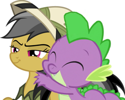 Size: 1001x798 | Tagged: safe, artist:dashiesparkle, edit, editor:undeadponysoldier, daring do, spike, dragon, pegasus, pony, clothes, crack shipping, cute, daaaaaaaaaaaw, daringspike, female, hat, hug, male, mare, simple background, smile, smug, spikabetes, spikelove, straight, white background