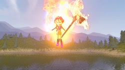 Size: 1280x720 | Tagged: safe, artist:horsesplease, sunset shimmer, equestria girls, 3d, evil grin, fiery shimmer, fire, floating, gmod, grin, hammer, smiling, solo, this will end in pain and/or death, war hammer, weapon