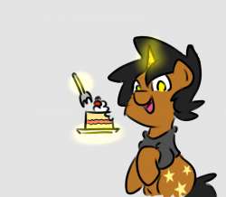 Size: 250x218 | Tagged: safe, artist:star, oc, oc only, oc:star, pony, unicorn, birthday, birthday cake, cake, fork, gray background, hoodie, horn, looking at you, magic, male, open mouth, simple background, solo, stallion, telekinesis