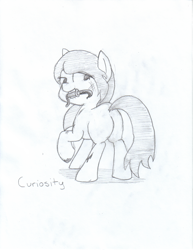 Size: 1272x1648 | Tagged: safe, artist:star, oc, oc only, oc:curiosity, earth pony, pony, blank flank, blood, butt, female, grayscale, mare, mouth hold, plot, raised hoof, raised leg, simple background, solo, traditional art, white background