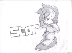 Size: 1755x1275 | Tagged: safe, artist:star, oc, oc only, oc:star, pony, unicorn, clothes, fighting is magic style, grayscale, hoodie, horn, male, simple background, solo, stallion, traditional art, underhoof, white background