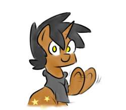 Size: 250x218 | Tagged: safe, artist:star, oc, oc only, oc:star, pony, unicorn, clothes, hoodie, horn, looking at you, male, picture for breezies, raised hoof, raised leg, simple background, solo, stallion, underhoof, waving, white background