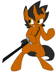 Size: 960x1280 | Tagged: safe, artist:star, oc, oc only, oc:star, pony, unicorn, bipedal, horn, male, scabbard, simple background, solo, stallion, sword, weapon, white background